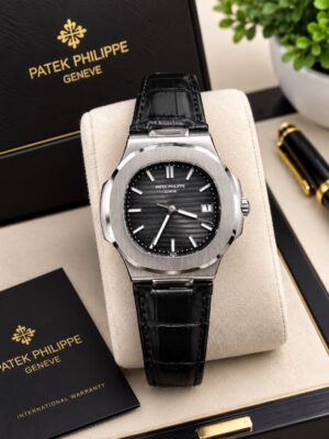 Patek Philippe Nautilus Black Leather Strap Watch